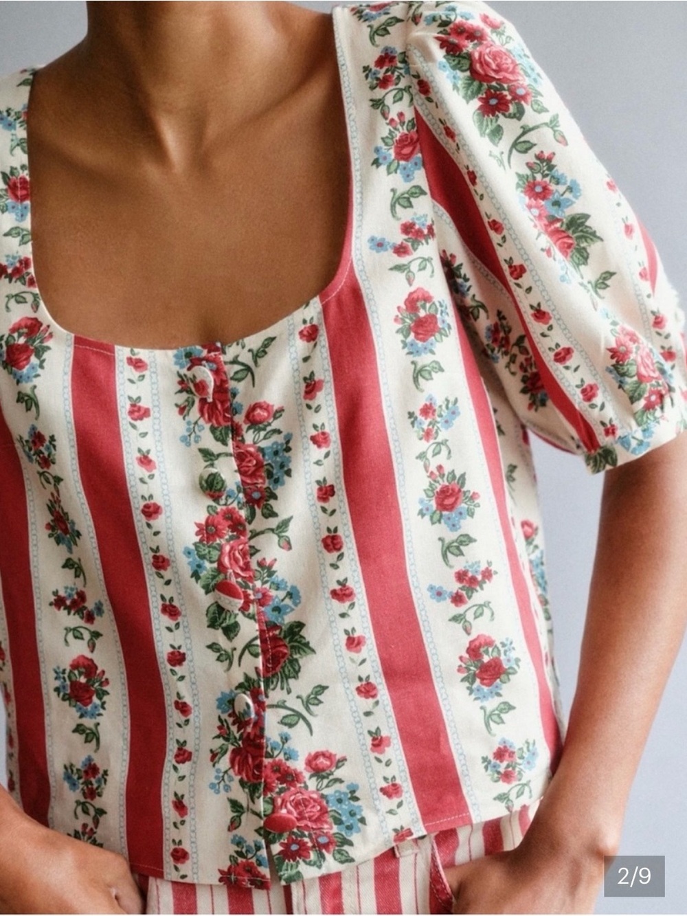 Sezane Red and Cream Floral Stripe Square-Neck Top